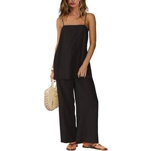 Yanekop Linen Sets for Women 2 Piece Pants Summer Outfits Matching Lounge Sets Spaghetti Strap Tank Top Pants Sets, L, Black
