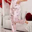 WDIRARA Women's Striped Bow Print Satin Pajama Set Short Sleeve Button Down Pants Pjs 2 Piece Sleepwear Multicolor Large