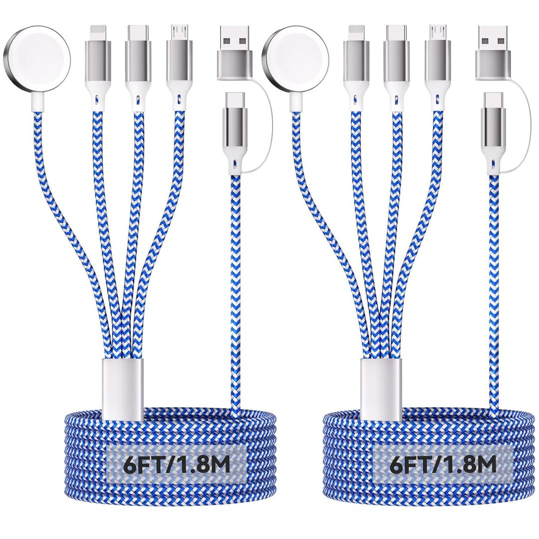2Pack 6FT/1.8M iWatch Charger, 4 in 2 USB A/C to iOS Port/Type C/Micro USB/Watch Charger Nylon-Braided Multi Fast Charging Cable Compatible for iWatch Ultra/SE/1-11/iPhone17 Pro Max/iPad/AirPods