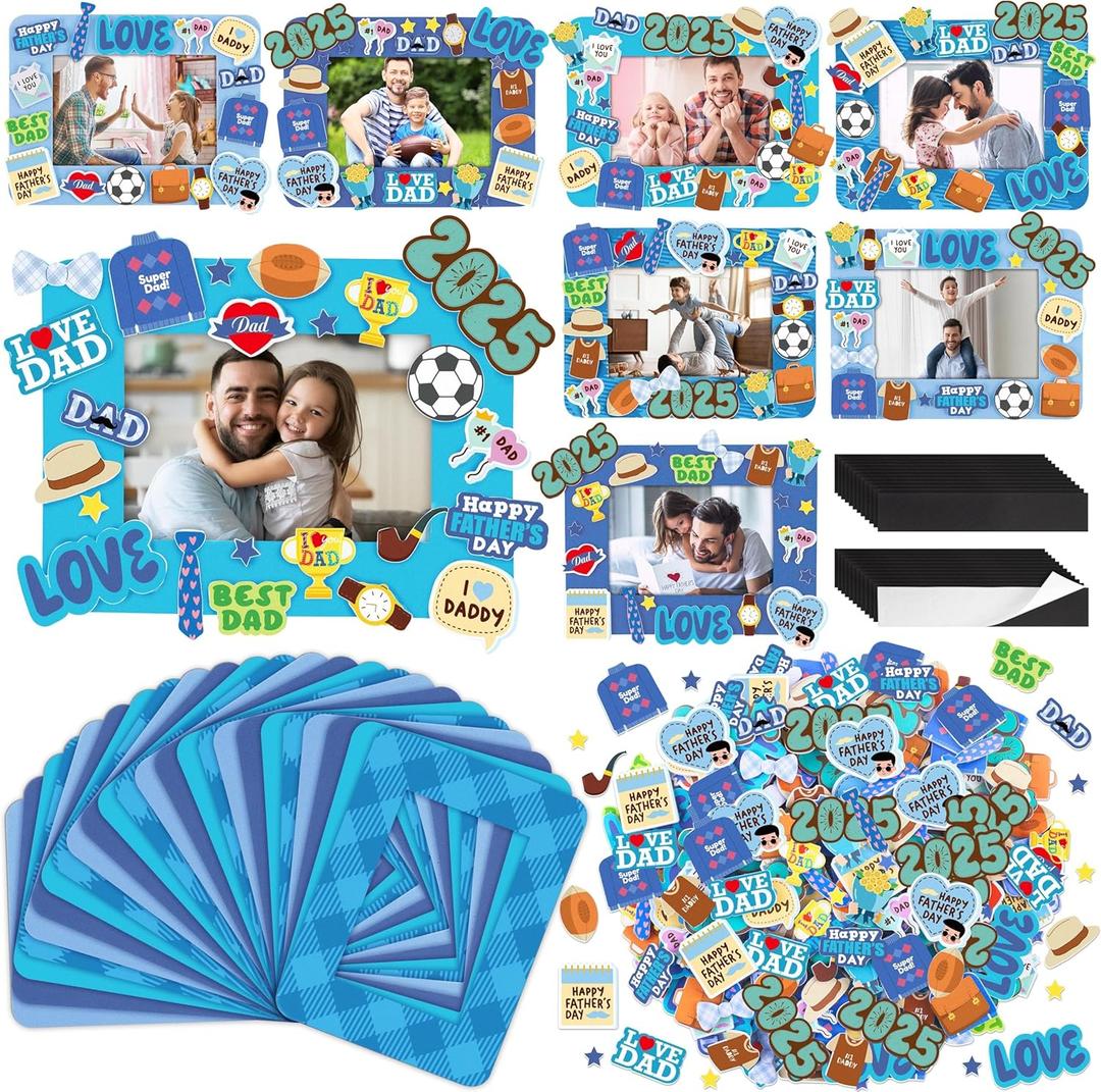 durony 24 Packs Happy Father's Day DIY Picture Frame Craft Kit with 174 Foam Stickers & 24 Magnetic Adhesive Strips Foam Photo Frames DIY Father's Day Craft for Gifts Game Activities