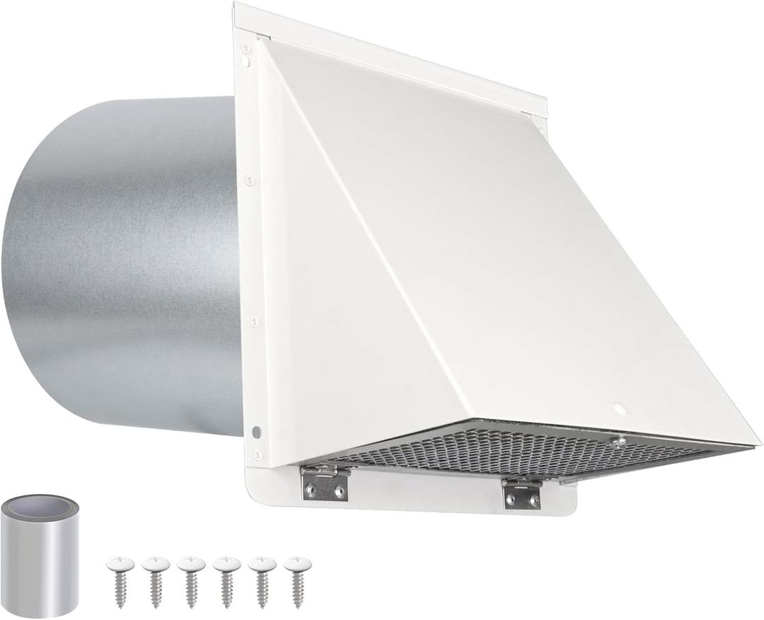 8 Inch Hooded Wall Vent with Screen and Damper,Outdoor Wall Exhaust Vent Cover Cap for Kitchen Range Hood Dryer Duct Ventilation &Exterior Air Exhaust Applications,Galvanized Steel,White