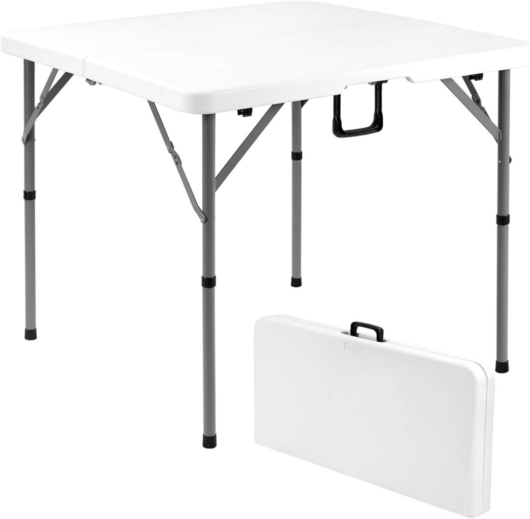 Byliable 34" Folding Square Card Table, Portable Heavy Duty HDPE Fold-in-Half Folding Table with Carrying Handle for Indoor/Outdoor Use Ideal for Picnic, Camping, Parties, White, 34IN