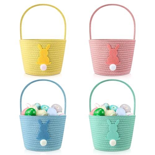 Teenyyou 4 Pack Easter Basket Woven Bunny Baskets with Handles Eggs Hunt Bucket Rabbit Cotton Rope Tote for Baby's First Easter Basket Gift for Baby Toddler Boys Girls(Cute)