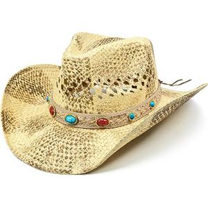 FLUFFY SENSE. Cowgirl Hats for Women Straw Cowboy Hat Western Beach Sun Hat with Shapeable Brim for Coastal Cowgirl (Sunkissed Blonde, 6 5/8-7 1/2)