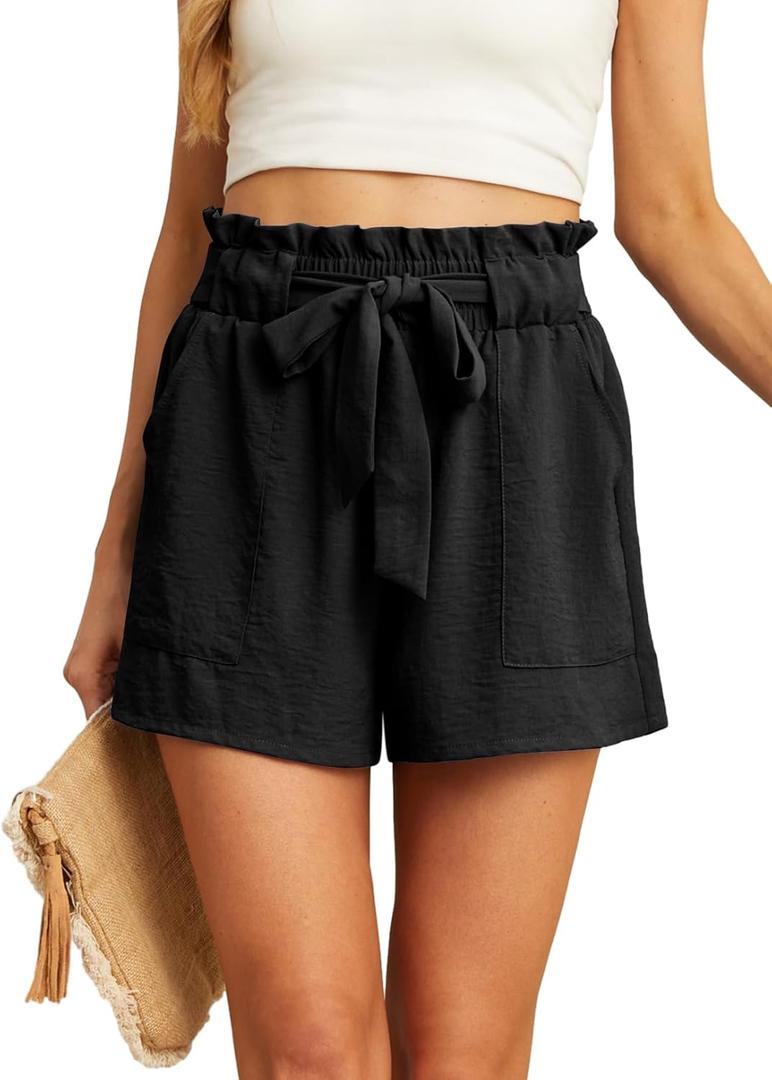 IWOLLENCE Womens Shorts with Pockets Summer Casual Shorts for Women Waist Casual Lightweight Adjustable Tie Knot Loose (Large, 1-black)