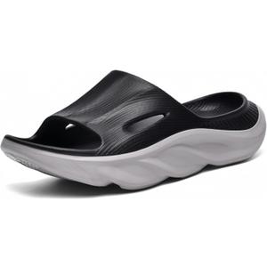 Recovery Slides for Men and Women - Orthopedic Sandals with Arch Support & Thick Cushion, Plantar Fasciitis Slippers, Lightweight Non-Slip Slides for Post-Workout Recovery (Black Gray), 14 Women/13 Men