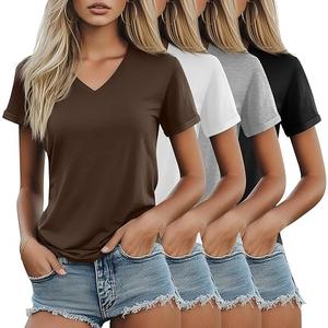 Riyiper 4 Pack Women's V Neck T Shirts, Summer Casual Short Sleeve Tops Cotton Loose Rolled Sleeve Tees 2025 Trendy Shirts (X-Large, Gray, White, Brown, Black)