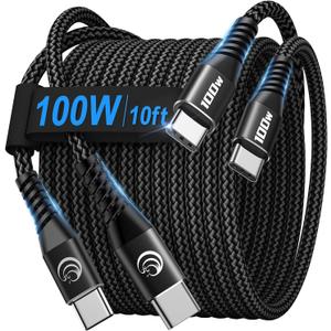 USBC to USBC 100W [10ft/2 Pack] USB C to USB C Fast Charging Cable Braided C to C Charger Cord 5A for MacBook Pro/Air, iPhone 16 15 Pro Max Plus,iPad Pro,Samsung Galaxy S24 Ultra S23,Pixel,PS5,Switch
