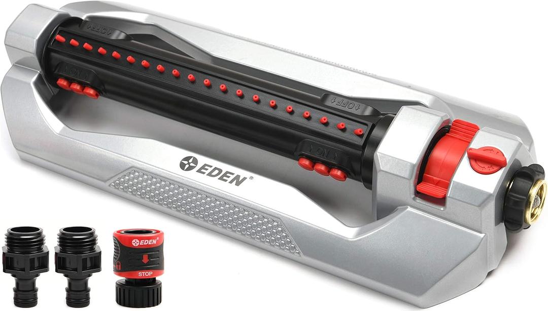 Eden 94116 Heavy Duty Metal 3-Way Oscillating Sprinkler for Large Lawn and Garden W/ Quick Connect Starter Set 