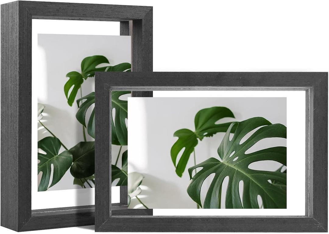 Egofine 4x6 Floating Frames Set of 2, Double Plexiglass Picture Frame, Made of Solid Wood Display Any Size Photo up to 4x6, Wall Mount or Tabletop Standing, Faded Black