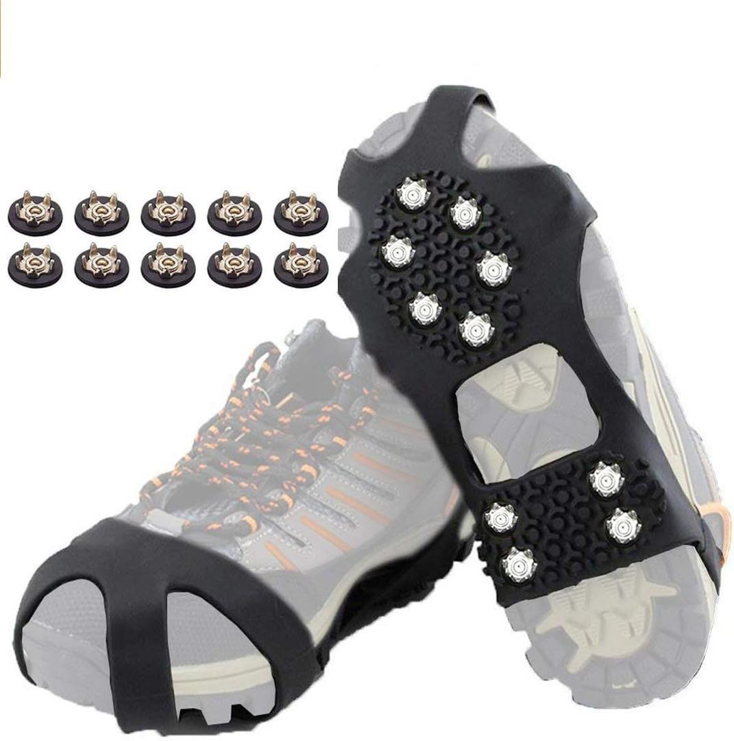 Ice Cleats for Shoes and Boots, Ice Snow Traction Cleats Grippers, Non Slip Shoe Ice Grippers,10 Steel Rubber Spikes Crampons Anti Easy Slip Studs Crampons Slip-on Stretch Footwear (Large)