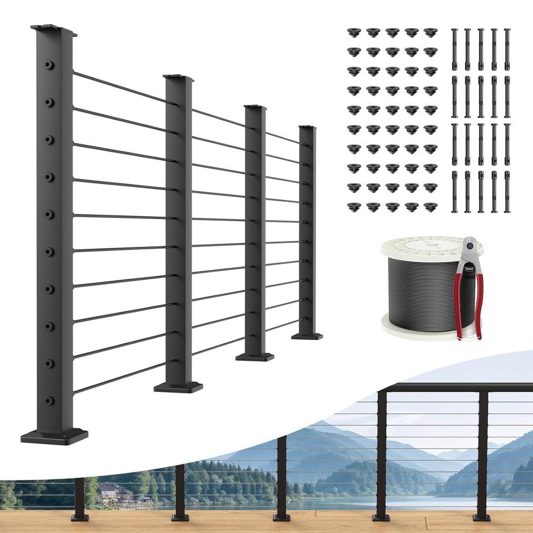 BLIKA 12FT-20FT Complete Set 36" Cable Railing Post Kit, Black Level Drilled Deck Railing Post, Swageless Cable Railing System Include 4Pack Level Posts, 1/8" 300FT Stainless Steel Cable (No Handrail)