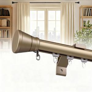 Single Curtain Track for Windows, 2.5m(8.2ft) Wall Mounted Heavy Duty Decorative Curtain rail with End Caps, Aluminum Brackets, Silent Wheels Easy to Install for Bedroom Living Room（Gold）