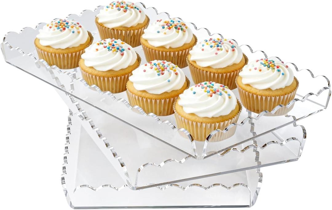 3 Pack Acrylic Serving Trays for Party, 12.9 x 7.1 Inch Scalloped Clear Serving Platter for Food Coffee Tea Snack, Catering Dessert Tray for Cupcake Fruit Party Table Decor (Tray-Clear)