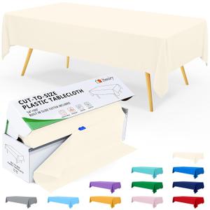 Smiry 54 Inch x 100 Feet Disposable Table Cover Roll, Beige Plastic Table Cloth in Cut-to-Size Box with Slide Cutter, Waterproof Rectangle Tablecloths for Weddings, Banquets, Outdoor