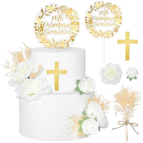 9 Pcs Mi Primera Comunion Cake Topper Gold Cross and Dried Flower Decor Set First Holy Communion Baptism Cake Pick Religious God Bless Baptism Cake Decoration for Celebration Milestones Decor