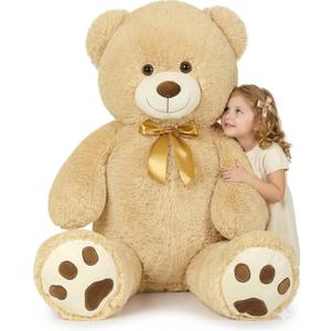 MaoGoLan Giant Teddy Bear Stuffed Animal, 39" Large Tan Teddy Bear Plush Toy with Cute Bow Tie & Footprints, Soft Sunggle Bear Plushies Gift for Kids Grilfriend Wife on Christmas Birthday Baby Shower