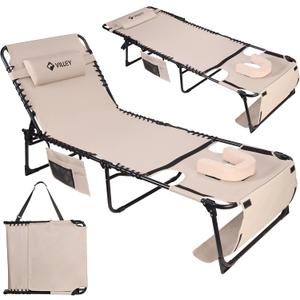VILLEY Oversized Chaise Lounge Chair with Face Hole, Adjustable Reclining Beach Chair, Portable Tanning Chair, Outdoor Folding Sunbathing Chair for Patio Lawn Beach Pool