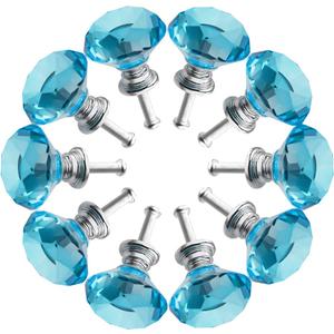 Crystal Glass Cabinet Knobs 30mm Diamond Shape Drawer Kitchen Cabinets Dresser Cupboard Wardrobe Pulls Handles 10 Pcs (Light-Blue)