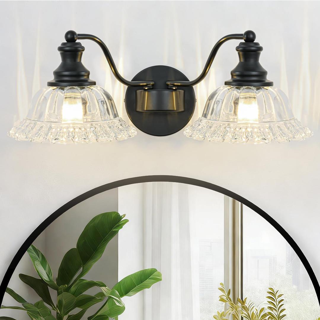 GMTB Black Bathroom Light Fixtures Over Mirror, 3 Light Vintage Bathroom Vanity Light Fixture with Clear Flower Glass Shades, Retro Vanity Lights for Bathroom, Bathroom Vanity Lights Over Mirror
