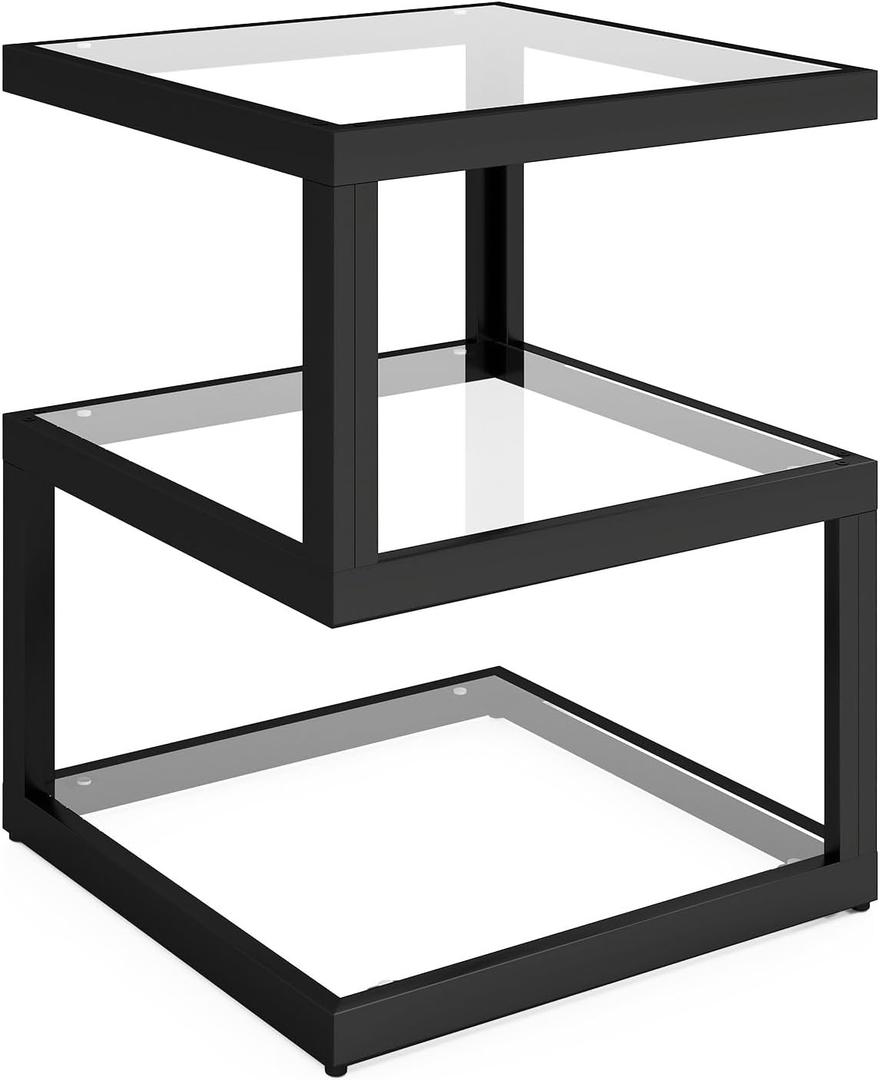 3-Tier Glass Table with LED Strip, Unique S-Shaped Design SideTable, Moderen Black Deco Table for Living Room and Bedside Room