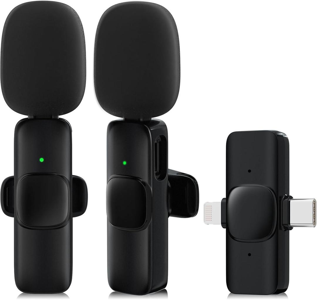 2 Pack Wireless Lavalier Microphone for iPhone,Android, USB C, Clip-on Mics, Bluetooth Lapel Mic for Video Recording Interview Vlog YouTube TikTok, 2 in 1