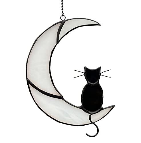 Black Cat Decor On White Moon Stained Glass Window Hanging Suncatcher for Windows Panels Sun Catcher Halloween Ornament Decoration Memorial Gift for Lover Cat Loss