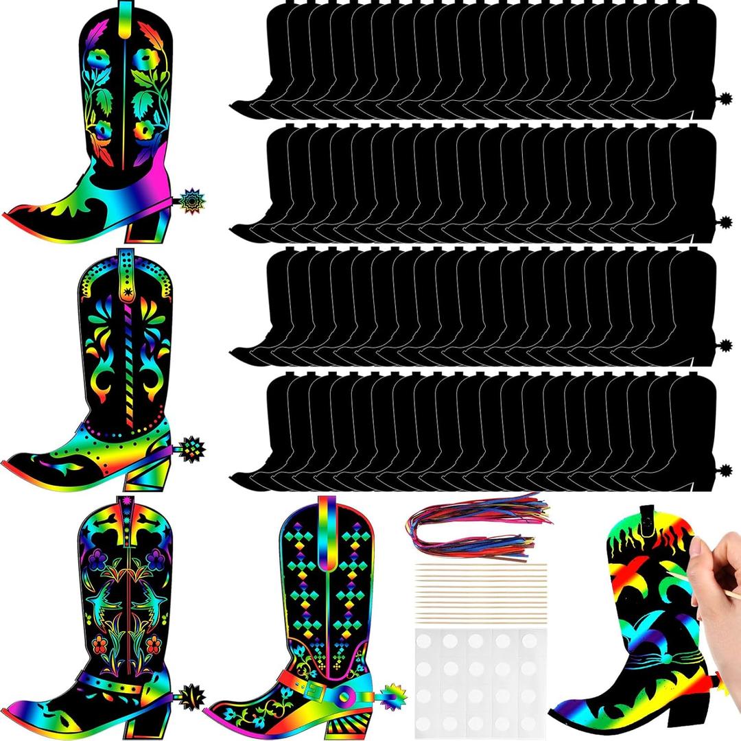 Hungdao 80 Pcs Western Cowboy Boot Scratch Cards for Men Rainbow Cowboy Crafts Scratch Paper Western Theme Party Favors for Adult Party Birthday DIY Activities