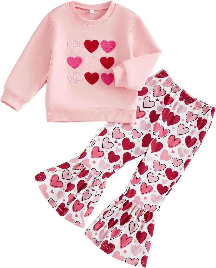 Toddler Baby Girl Valentines Outfit Love Heart Crew Neck Long Sleeve Sweatshirt and Flared Pants 2 Pcs Set (Pink)