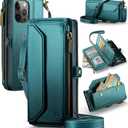 Wallet Case Compatible with iPhone 12 Pro Max RFID Blocking 10-Card Holder Soft PU Leather Magnetic Snap Shoulder Strap Zipper Pocket Phone Case Fit for iPhone 12 Pro Max - Blue Green