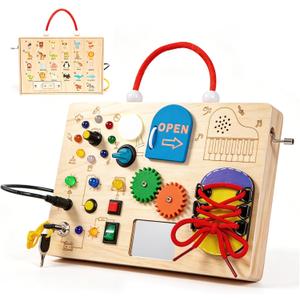 Busy Board, Montessori Sensory Toys with LED Light Switches，Age 3+, 9.1 x 6.3 x 1.2 inches
