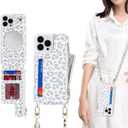 iPhone 12/12 Pro case with Credit Card Holder Phone Lanyard mag Safe for Women, iPhone 12 Pro Phone Leather Case with Zipper Wallet Compatible Wallet Case-White Leopard