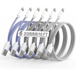 Set of 2. Apple MFi Certified 6Pack iPhone Charger 3/3/6/6/6/10FT Lightning Cable Fast Charging iPhone Charger Cord Nylon Braided for iPhone14/13/12/11Pro Max/XS MAX/XR/XS/X/8/7Plus iPad AirPods