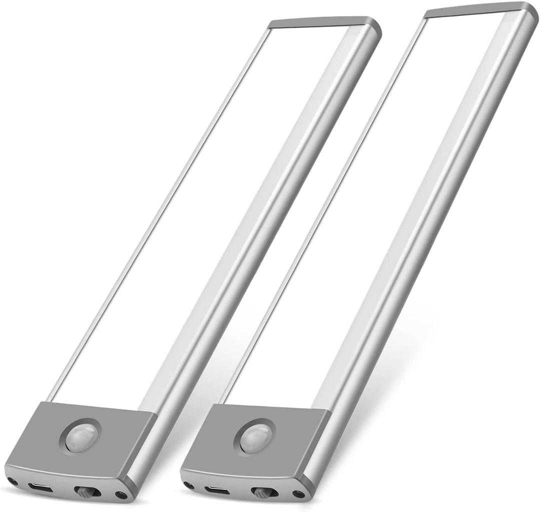 30-LED Under Cabinet Lights,USB Rechargeable Kitchen Cupboard Night Light,Battery Operated Under Counter Closet Lighting,Motion Detector Night Light,Wireless Magnetic Motion Activated Light-2Pack (7.8 in-30LED-2PACK, Silver White Light)