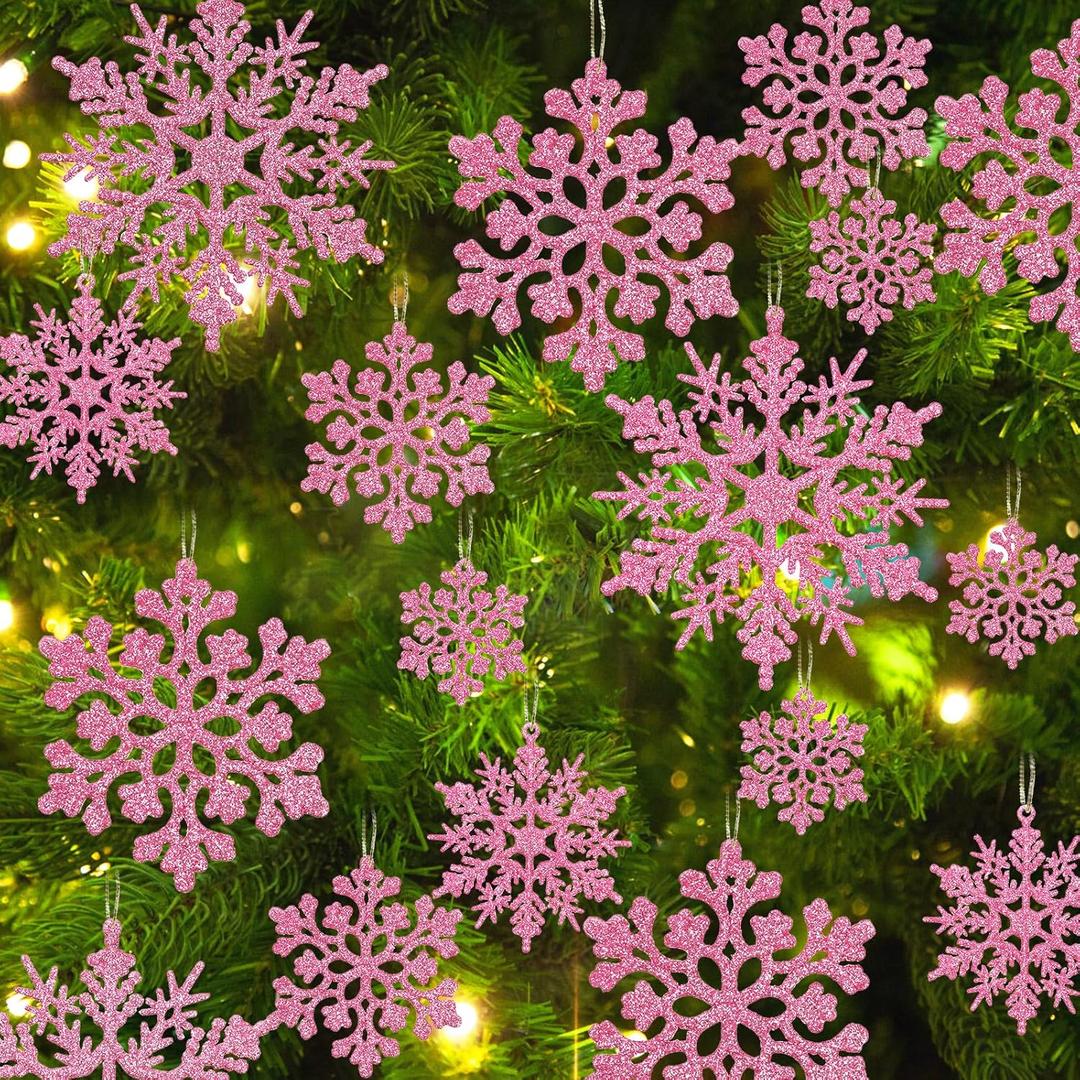 36pcs Christmas Light Pink Snowflake Ornaments Plastic Glitter Snow Flakes Ornaments for Winter Christmas Tree Decorations Size Varies Craft Snowflakes