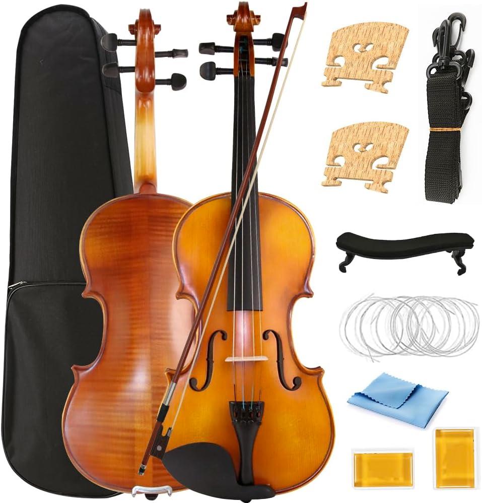 Violin 4/4 Full Size Set, Solid Wood Fiddle for Adults Student Beginners Professionals, with Hard Case, Violin Bow, Shoulder Rest, 2 Rosins and Extra String
