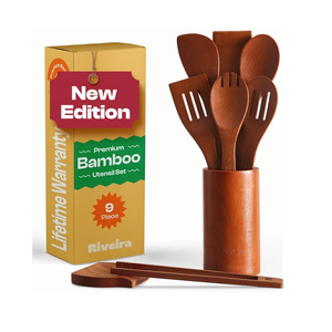 Riveira Premium Brown Bamboo Wooden Spoons for Cooking Set of 6 – Premium Brown Bamboo Wooden Cooking Utensils, Wooden Spatula, Wooden Spoon - Premium Quality Wooden Utensil Set for Non-Toxic Cooking