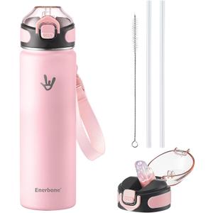 Enerbone 24 oz Insulated Water Bottle, Stainless Steel Bottle with Carrying Strap, Double-Wall Vacuum Insulation Design, Leakproof Sports Bottle with Straw, Keep Drinks Cold or Hot for Hours (Pink)
