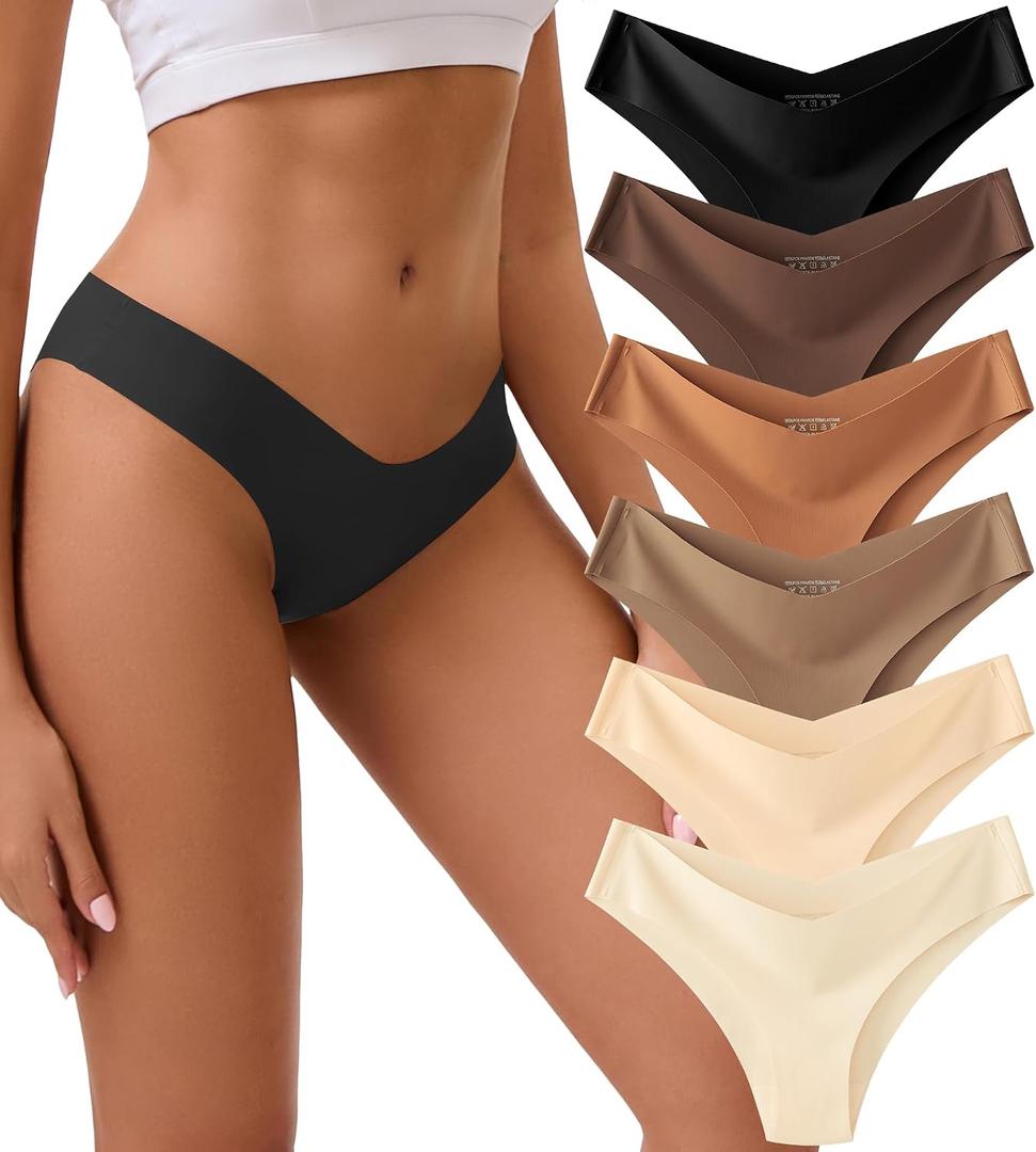 Seamless Underwear for Women V-Waisted No Show Panties Invisible Soft Stretch Bikini Hipster 6-Pack (L)
