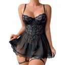 Vkindlux Womens Sexy Lingerie Set Lace Up Corset Bodysuit Babydoll With Garter Belt and Bow Tie, Black, Size M