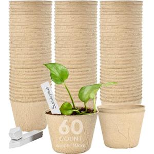 4 Peat Pots with 60Pcs Plant Labels, Biodegradable Pots for Seedlings with Drainage Holes, Garden Plant Nursery Pots Seed Starting Trays