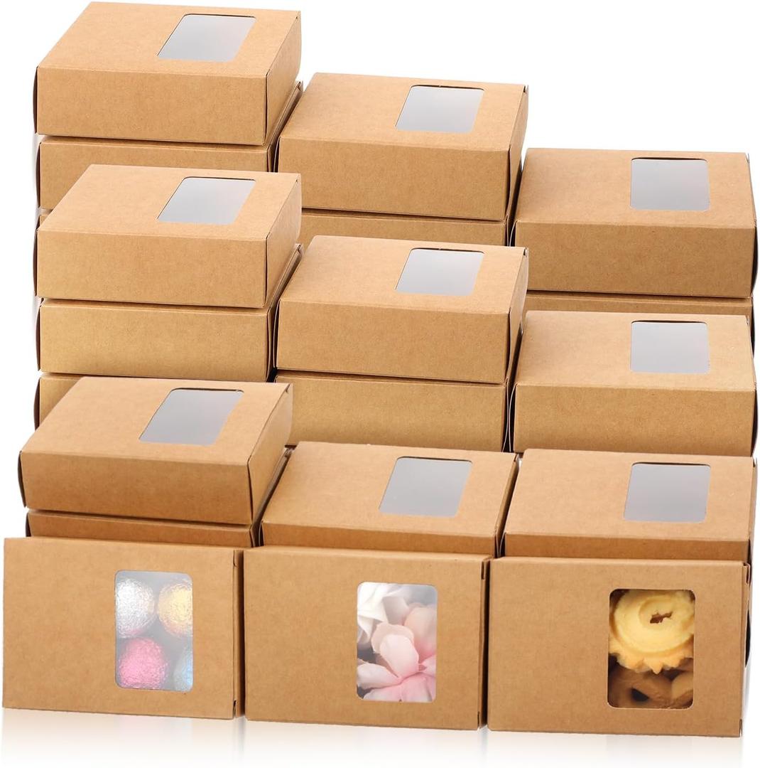 mekueeex 100 Pcs Soap Packaging Boxes with Window Mini brown Paper Boxes Bulk Homemade Soap Making Gift Accessories for Homemade Cookies Candy, 3.5 x 2.6 x 1.2 Inch(Brown)