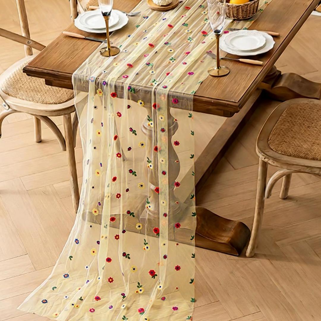 Embroidery Table Runner 9.8ft Floral Embroidered Lace Tulle Runner Colorful Flower Table Cover for Bridal Shower Birthday Party Wedding Arch Veil Restaurant Decoration (Pink, 28" x 120", 2 pc)