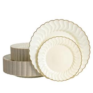 Brolifon 80pcs Ivory Thanksgiving Plastic Plates With Gold Rim, 10in Dinner Plate and 7in Dessert Plate Disposable Elegant Scalloped Plates for Party, Wedding