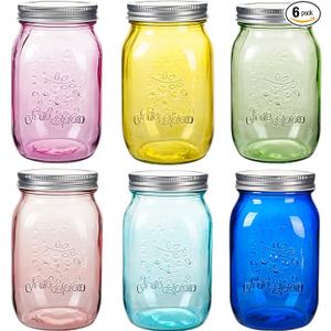 Amzcku 32 oz Rose-Pink Mason Jars with Lids, 6 Pack Wide Mouth Quart Canning Jar, Safe For Storage, Canning, Pickling, Preserving, Fermenting, DIY Crafts & Decor