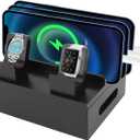 Wooden Charging Station for Multiple Devices - 5 Port USB Desktop Organizer with Watch Holder, Compatible with Phones Tablets Electronics (Black, 11.3x13x17cm/4.4x5.1x6.7in)