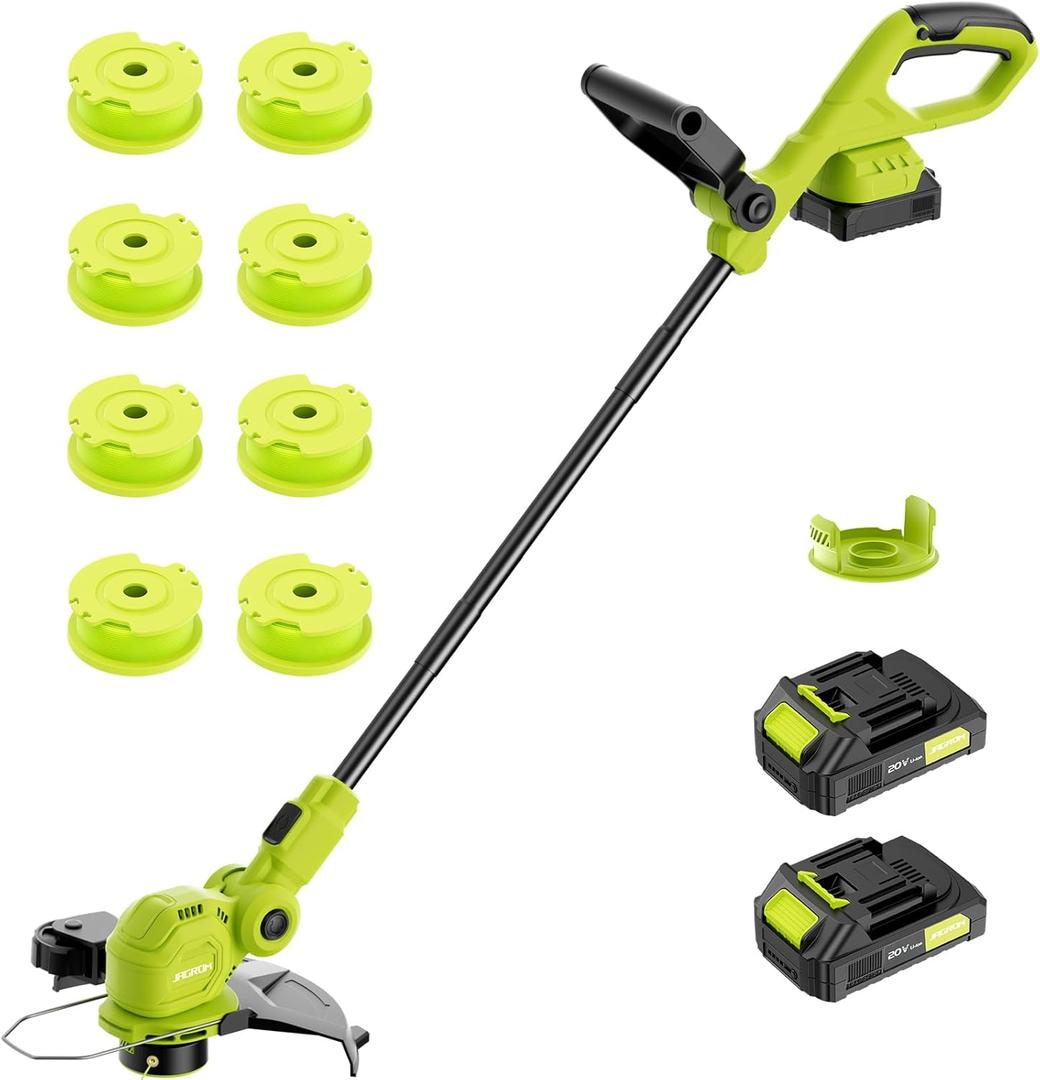 JAGROM 12-inch 20V Cordless String Trimmer with Charger, 2 X 2.0Ah Battery Powered with Auto Line Feed, Lawn Edger with 8 Pcs Grass Cutter Spool Line and 2 Spool Cap