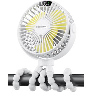 SWEETFULL Portable Stroller Fan with Display 4000mAh Battery Powered Mini Clip On Fan, 4-Speed Rechargeable Small Personal Cooling for Baby Car Seat Crib Travel - White