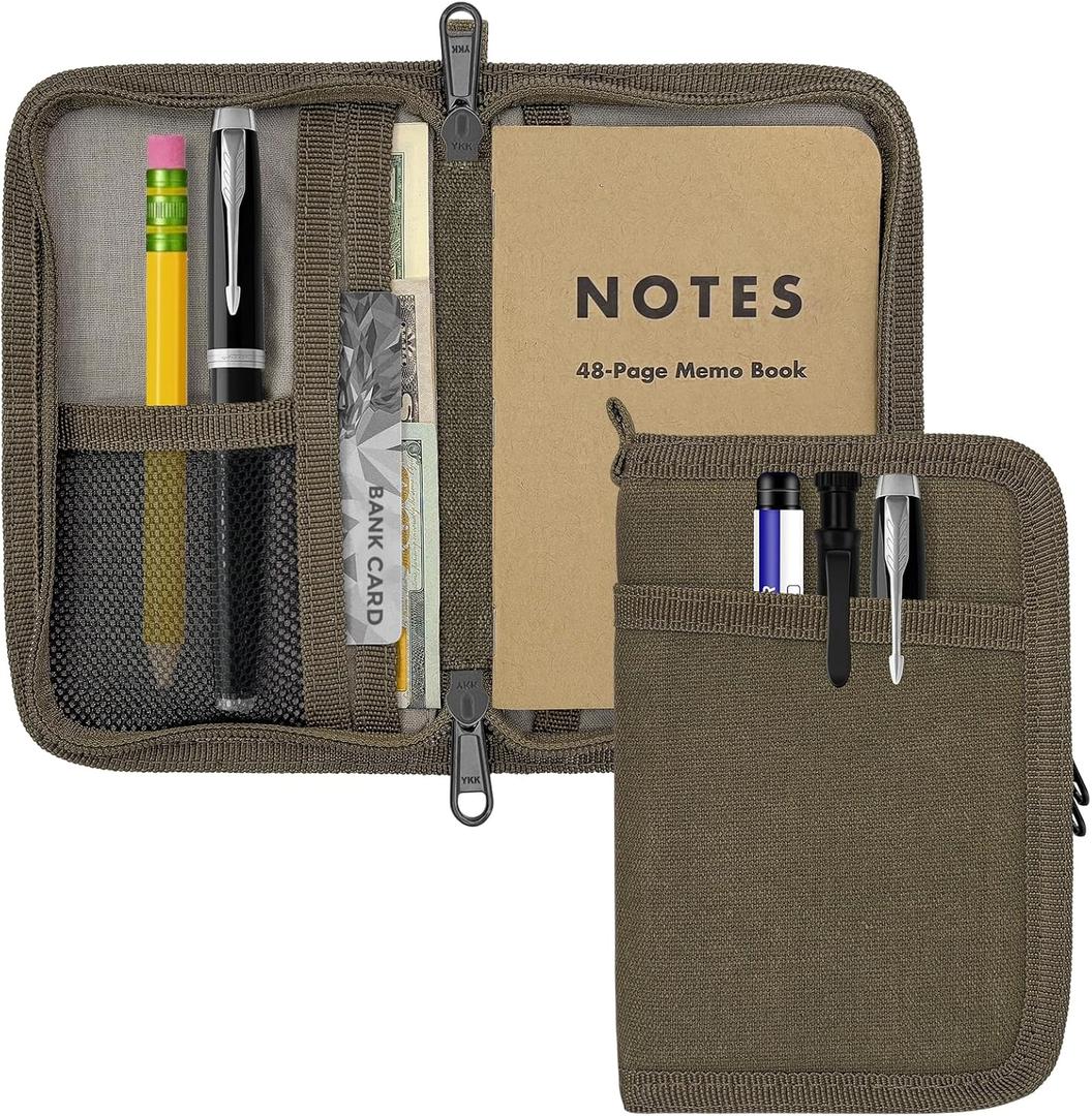 Journal Cover for Field Notes & Moleskine Cahier with YKK Zipper, 3.5"x5.5" Waxed Canvas Notebook Cover with Pen Holder, Water Resistant Travel Planner Cover for Daily Use (Olive Brown)