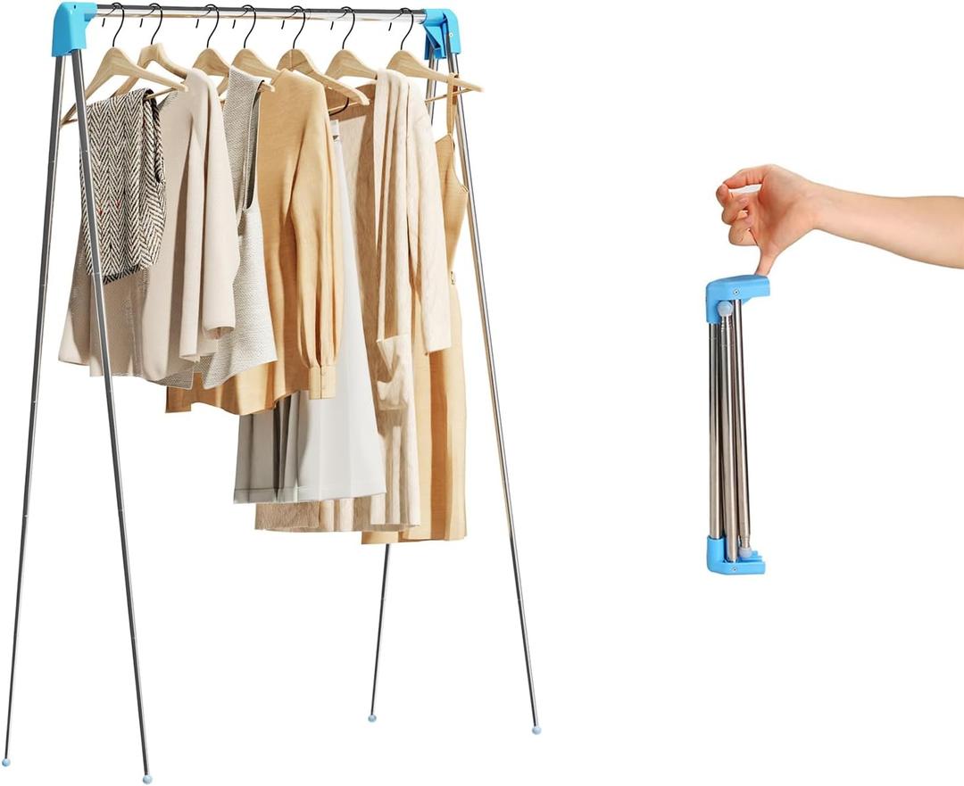 Travel Garment Rack,Portable and FoldableFolding Clothes Rack for Dance,Travel,Camping, Drying,RV, Indoor,Outdoor. A Collapsible Mini Clothing Rack. (Blue)